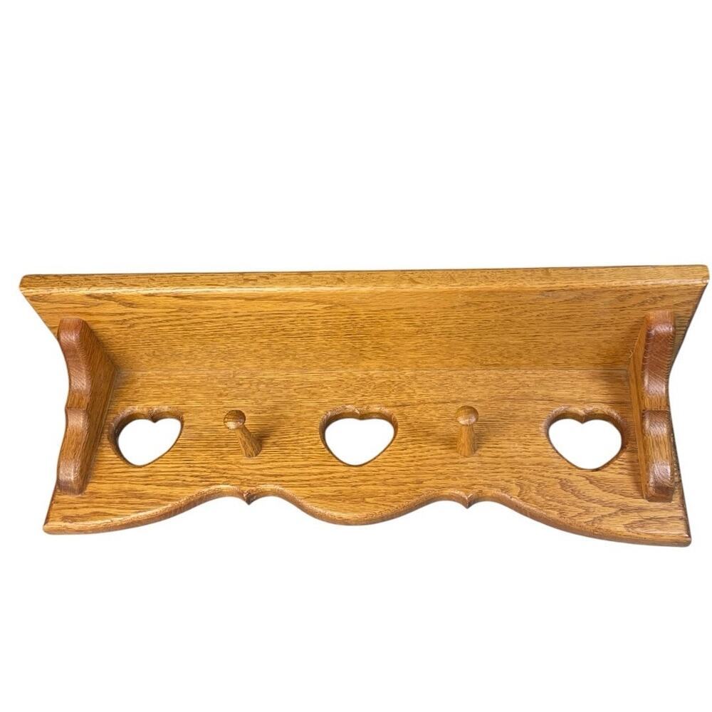Vintage Solid Oak Wall Mounted CottageCore Heart Cutout Shelf W/ Pegs 20”x5”